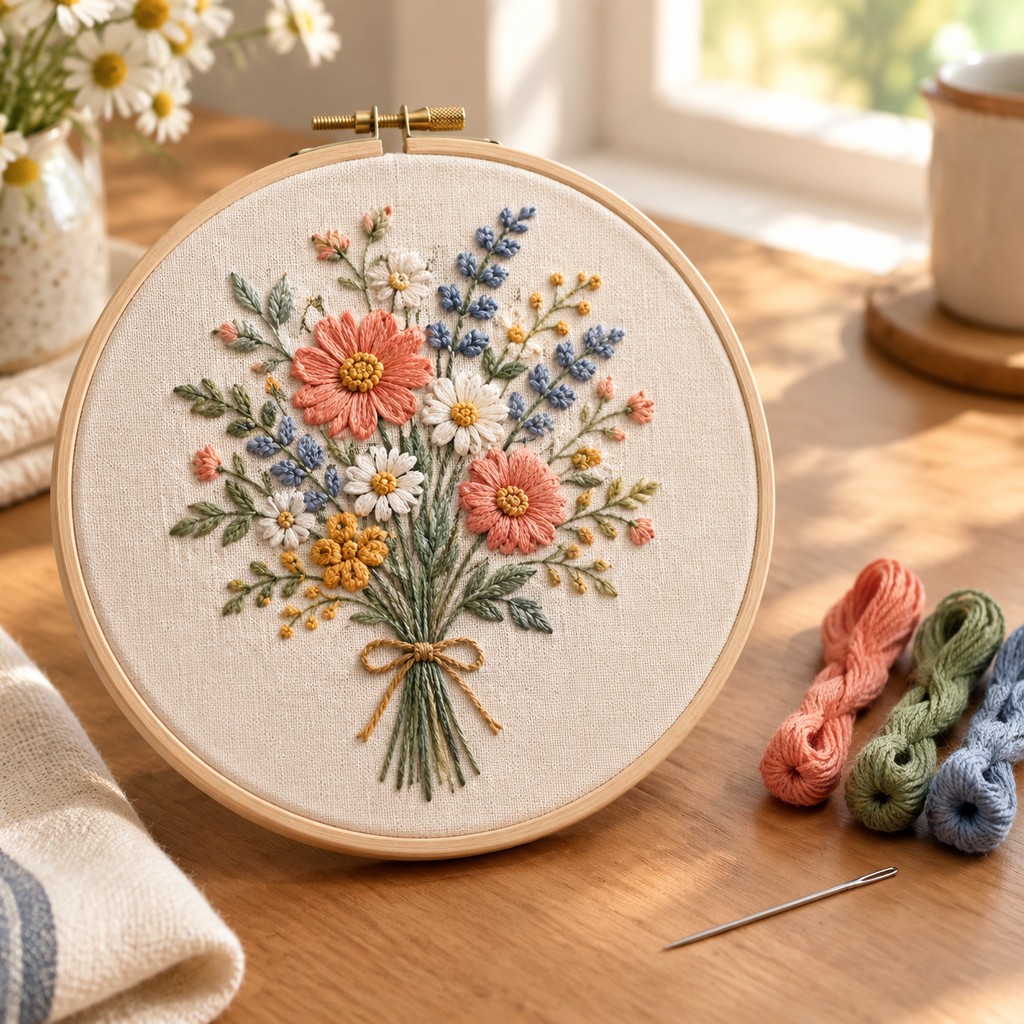 Finished wildflower embroidery in a beech wood hoop with thread skeins